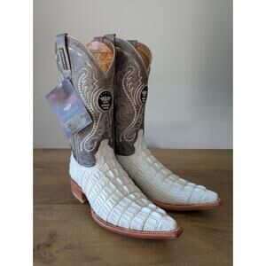 El General Cowboy Boots Mens Size 6 White Exotic Leather Croc Tail Embroidered